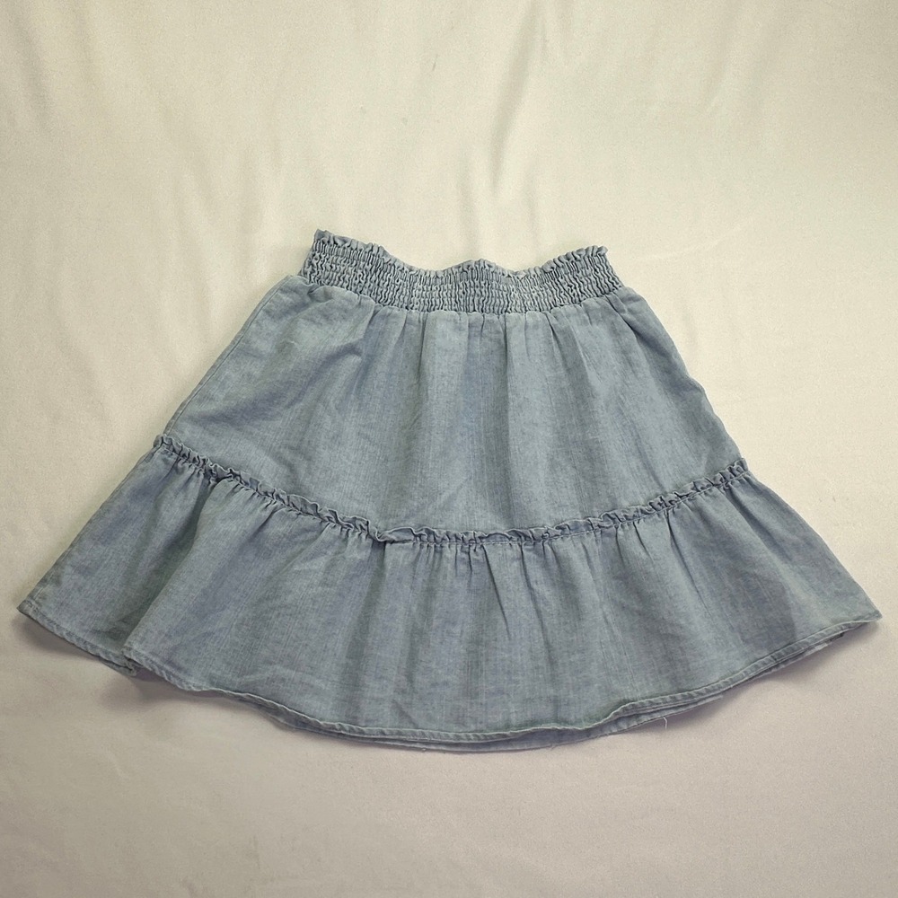 Love Riche Mini Skirt Light Blue Smocked Waist Ruffle Tiered Rayon Denimish Boho